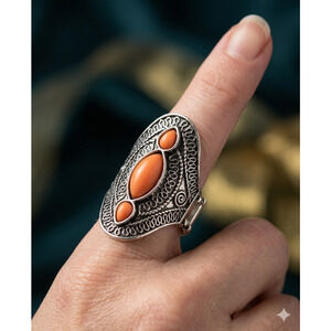 ​Bohemian Orange Stone Filigree Statement Ring Adjustable